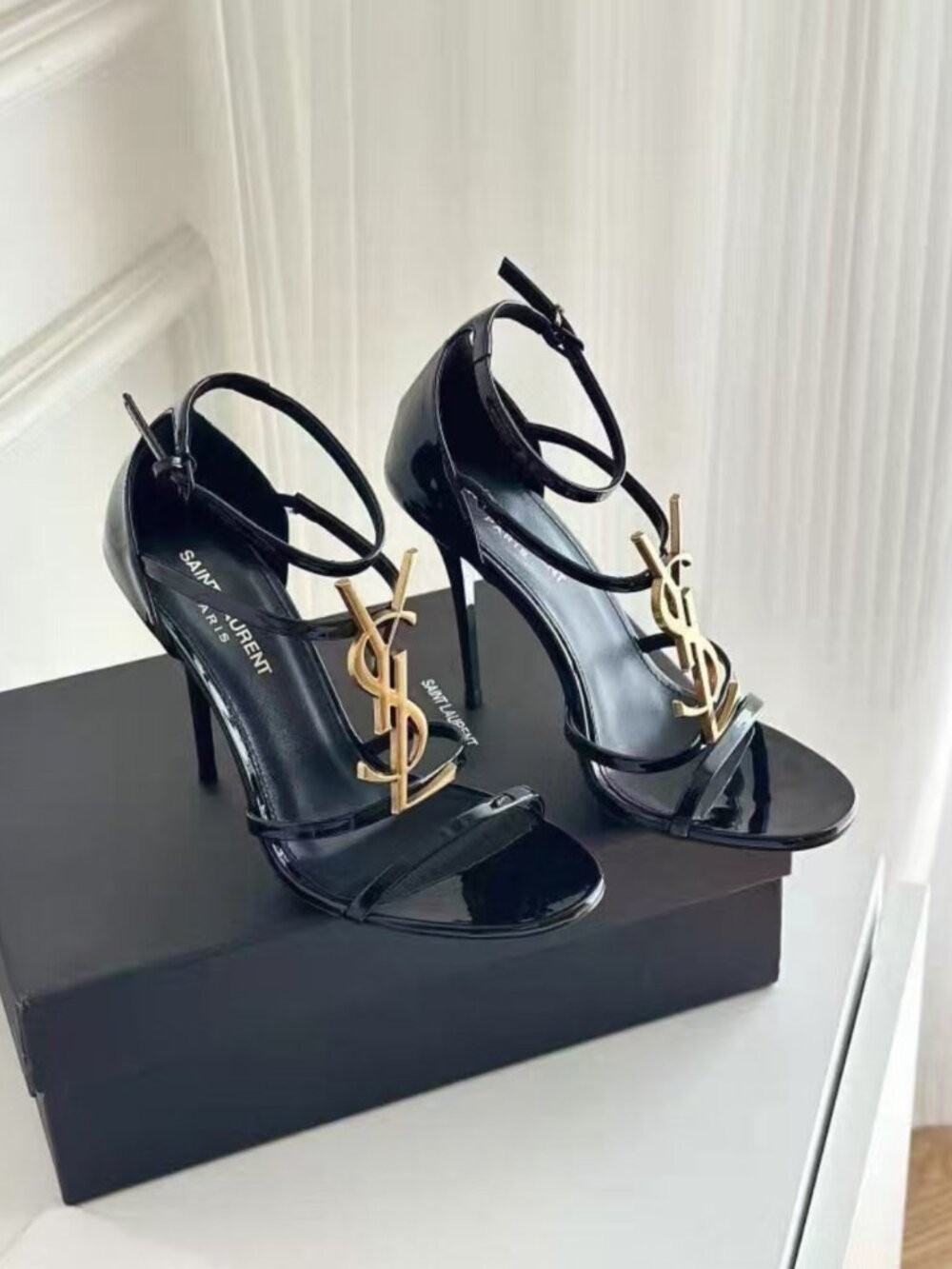 YSL Black Patent Leather Ankle‑Strap Stiletto Sandals
